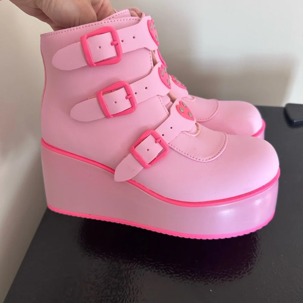 Pink Platform Wedge Ankle Boots with Heart Buckles